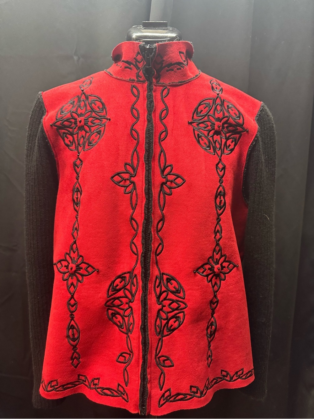 Coldwater Creek Red and Black Embroidered Zip-Front Teddy Jacket